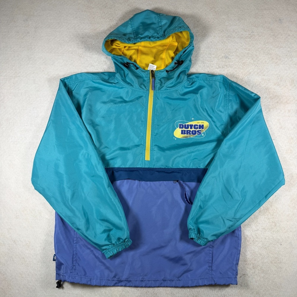 Dutch Bros Large Teal Blue Colorblock‎ Windbreaker Anorak Hooded Jacket Mens L